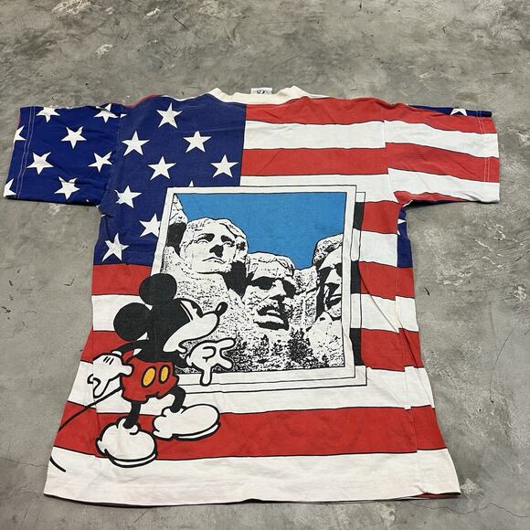 Rare VTG Mickey Mouse Mount Rushmore USA Flag Star Stripes All Over T Shirt 90s - Picture 5 of 7